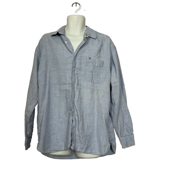 Tommy Hilfiger Shirt Blue XL Mens Long Sleeve Collared Small Logo Light Wash A - Picture 1 of 16